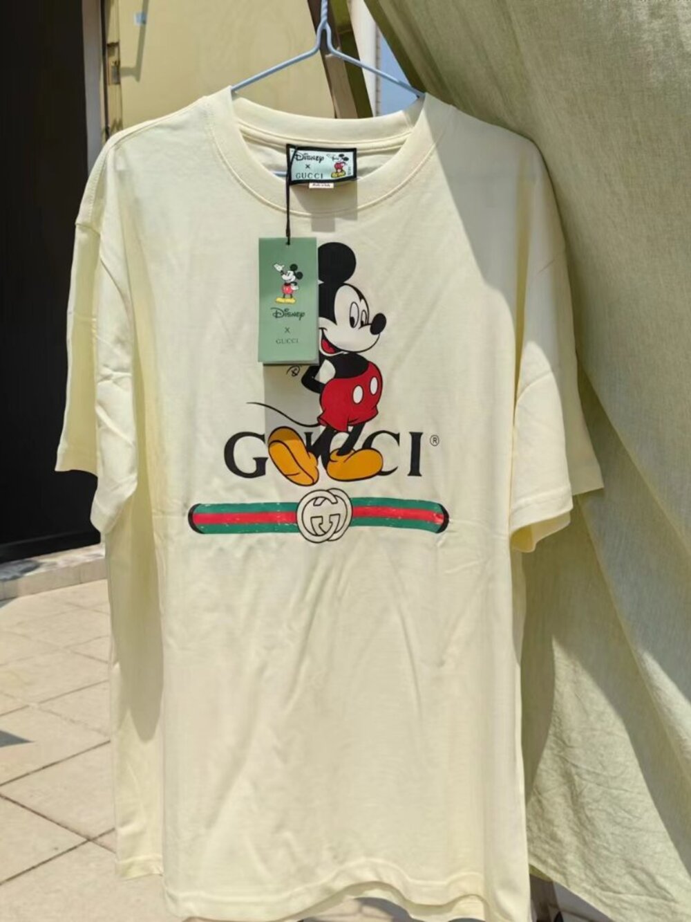 Cream Gucci Disney Mickey Oversized Crew Neck T-Shirt Iconic Red Green Web Strip